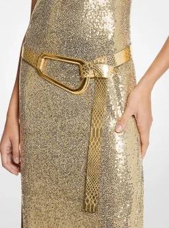 Angelina Metallic Python Embossed Leather Belt