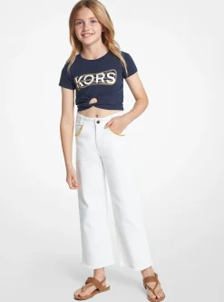 Chain Embellished Stretch Denim Wide-Leg Jeans