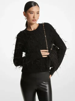Feather Embellished Merino Wool Blend Cropped Sweater
