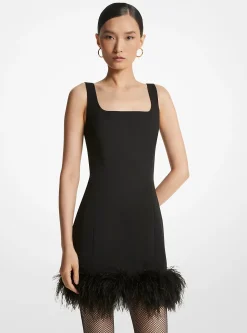 Feather Trim Stretch Crepe Shift Dress