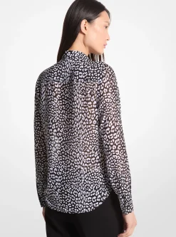 Graphic Leopard Print Georgette Tie-Neck Blouse