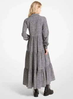Leopard Print Cotton and Silk Tiered Midi Dress
