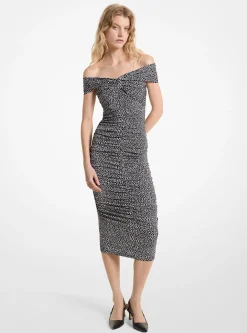 Leopard Print Stretch Matte Jersey Off-The-Shoulder Dress