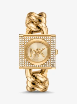 Mini Lock Pavé Gold-Tone Chain Watch