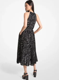 Palm Lace Belted Halter Dress