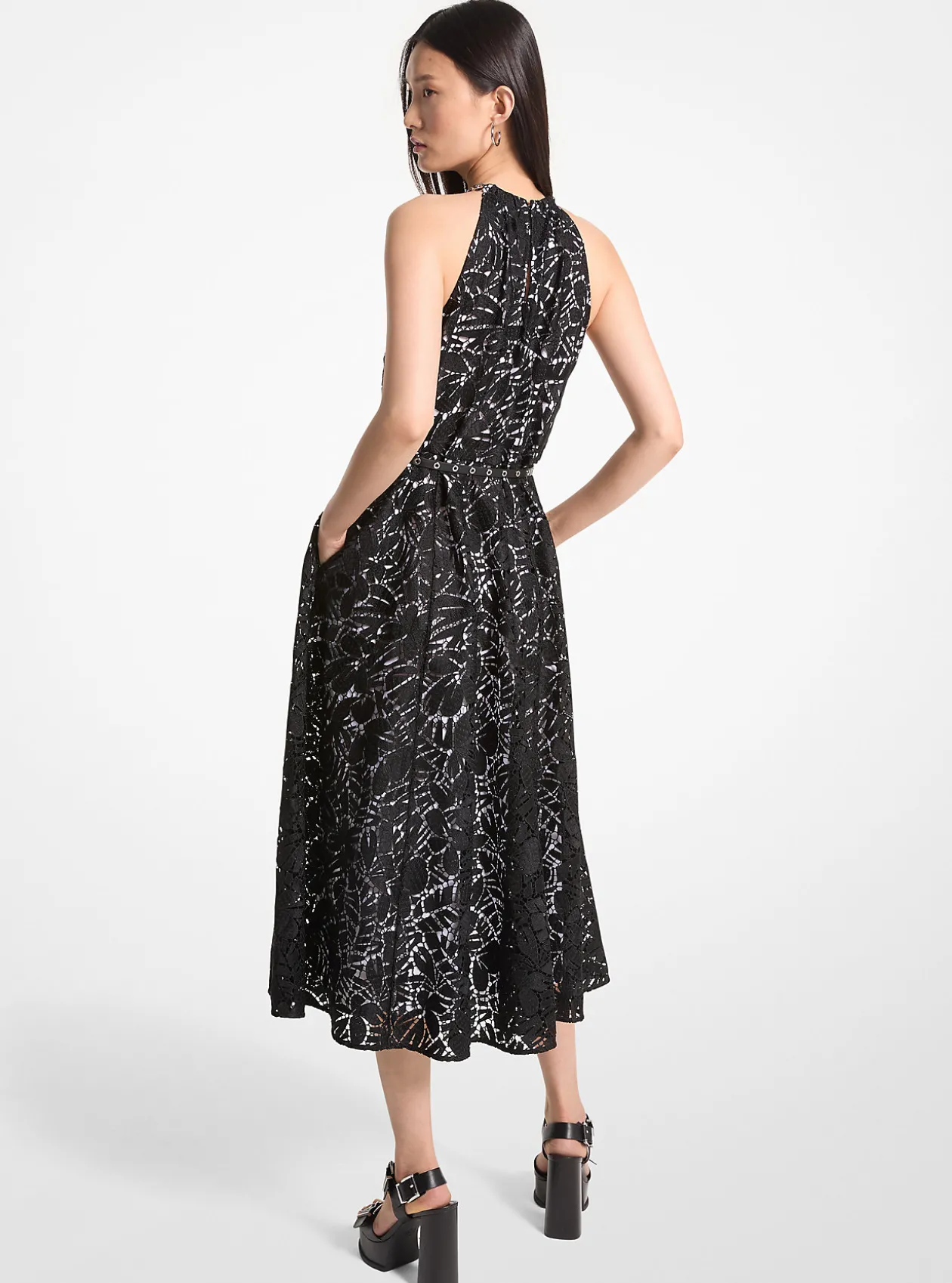 Palm Lace Belted Halter Dress