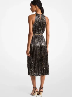 Pleated Metallic Halter Dress