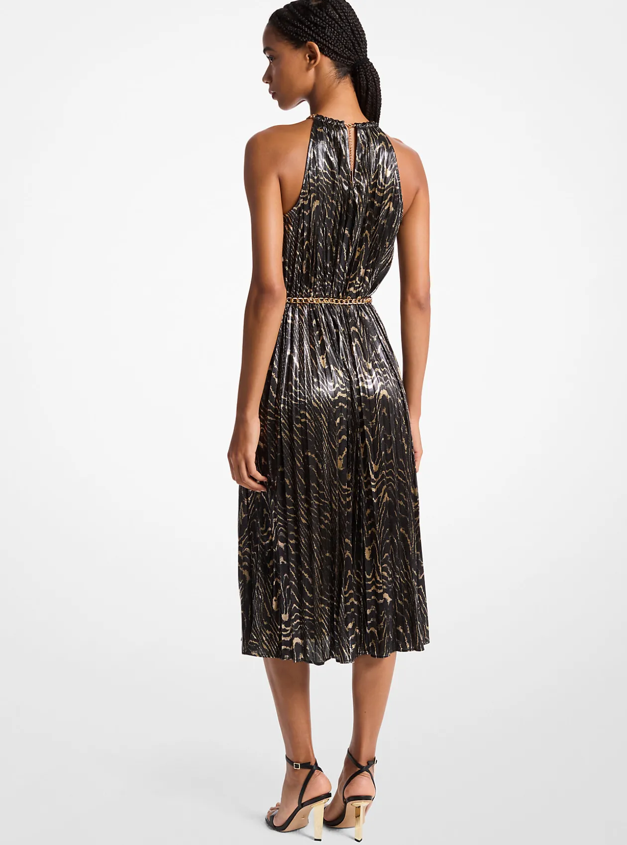 Pleated Metallic Halter Dress