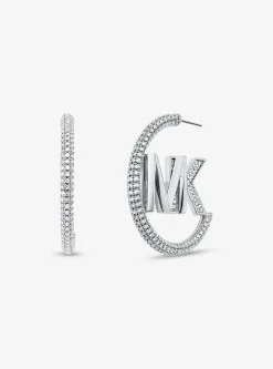 Precious Metal-Plated Brass Pav&eacute; Logo Hoop Earrings