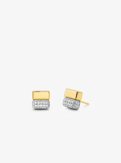 Precious Metal-Plated Sterling Silver and Pavé Stud Earrings