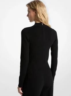 Ribbed Stretch Knit Mock Neck Sweater