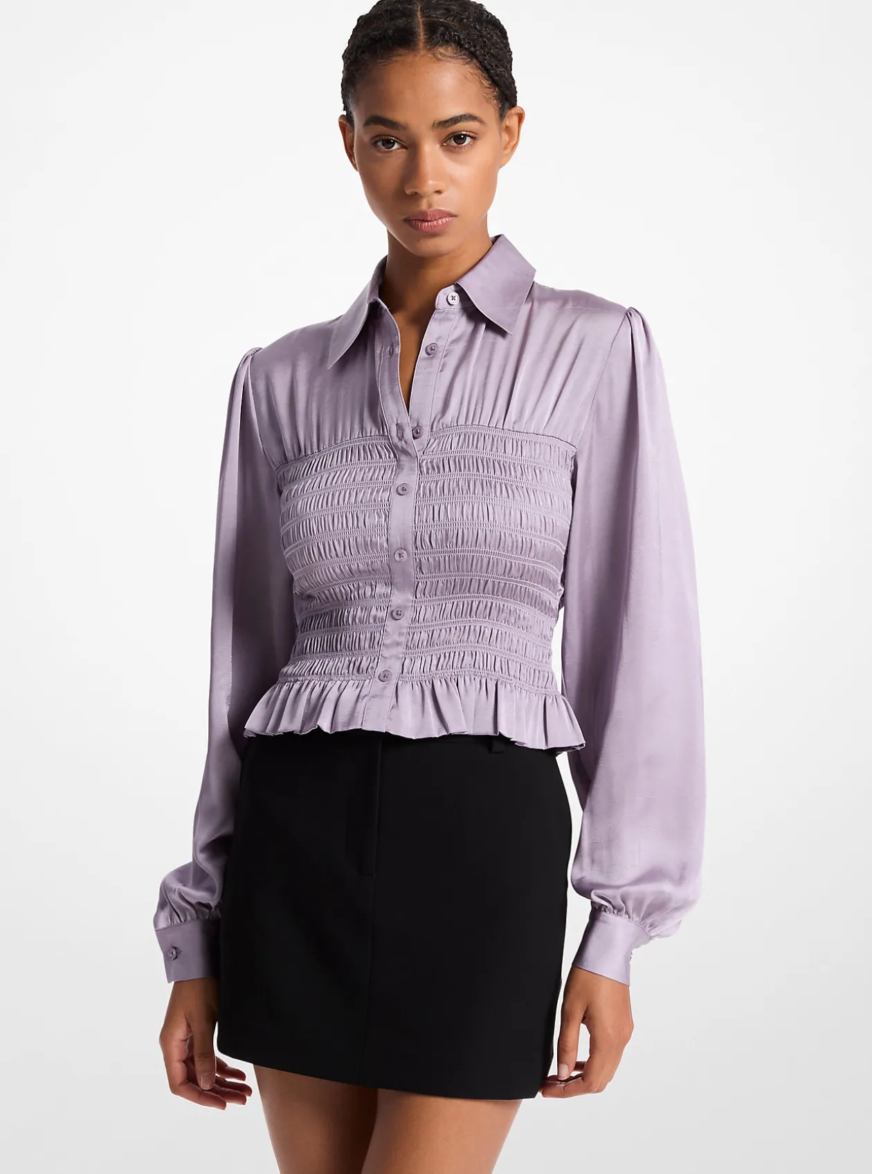Smocked Crinkled Satin Shirt